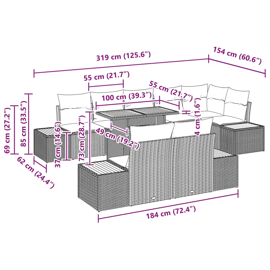 Ensemble de canapé de jardin 9 pcs Noir Poly rotin - 15