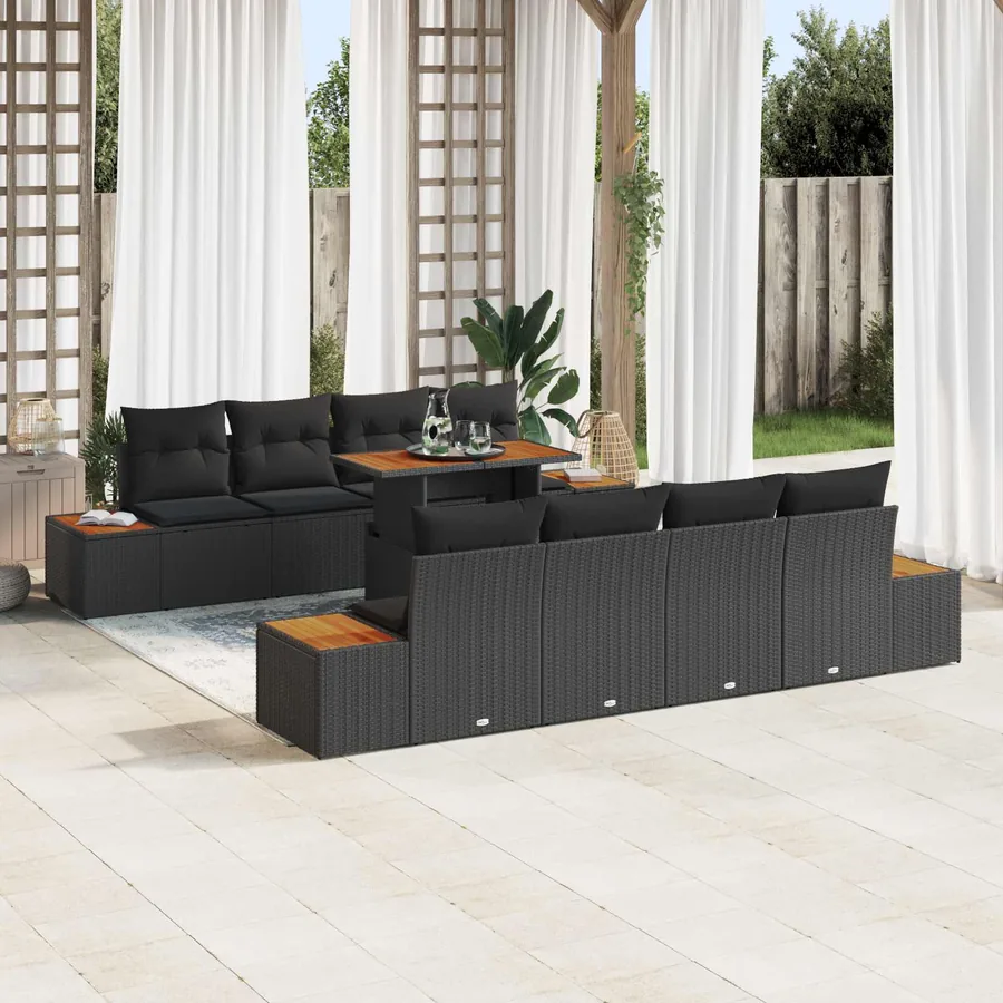 Ensemble de canapé de jardin 9 pcs Noir Poly rotin