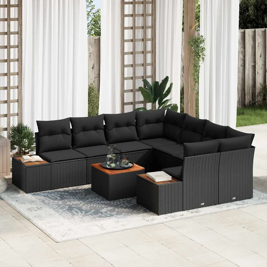 Ensemble de canapé de jardin avec coussin 9 pcs Noir Poly rotin