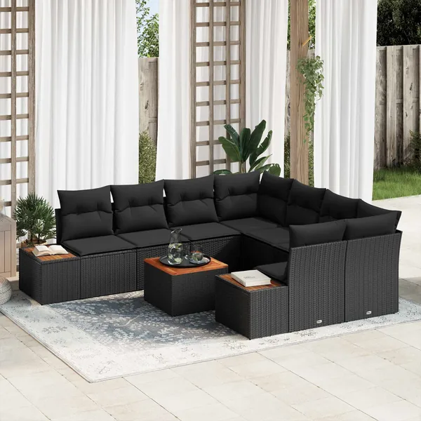 Ensemble de canapé de jardin avec coussin 9 pcs Noir Poly rotin