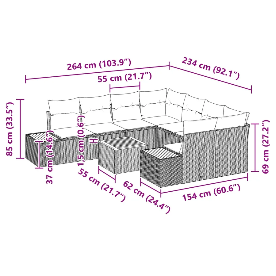 Ensemble de canapé de jardin avec coussin 9 pcs Noir Poly rotin - 13