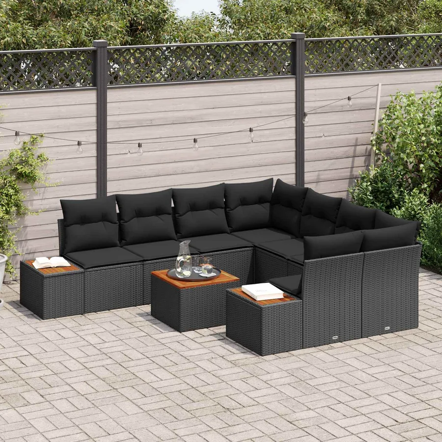 Ensemble de canapé de jardin avec coussin 9 pcs Noir Poly rotin - 3