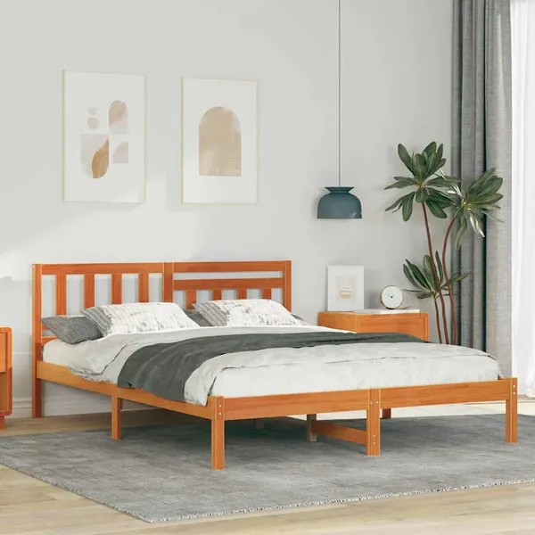 Cadre de lit avec tête de lit Brun cire 140 x 190 cm Pin massif