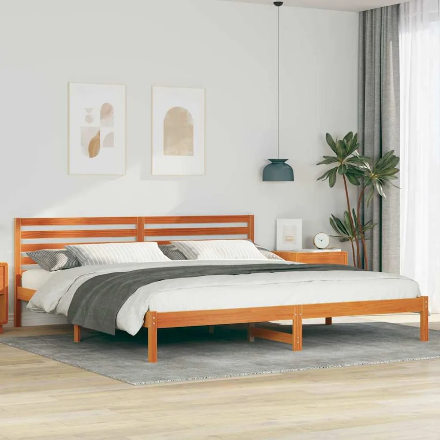 Cadre de lit avec tête de lit Brun cire 200 x 220 cm Pin massif