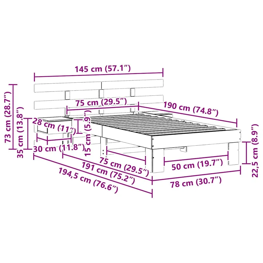 Cadre de lit avec tête de lit Blanc 75 x 190 cm Pin massif - 11