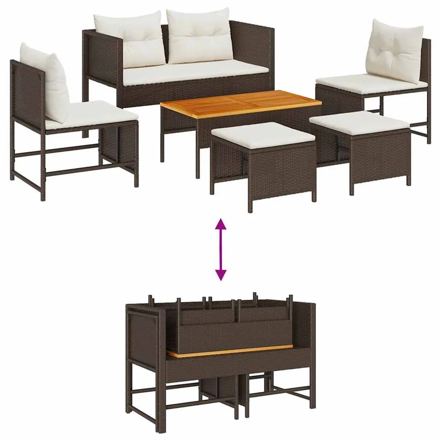 Ensemble de canapé de jardin 6 pcs Marron et Crème polyrotin - 12