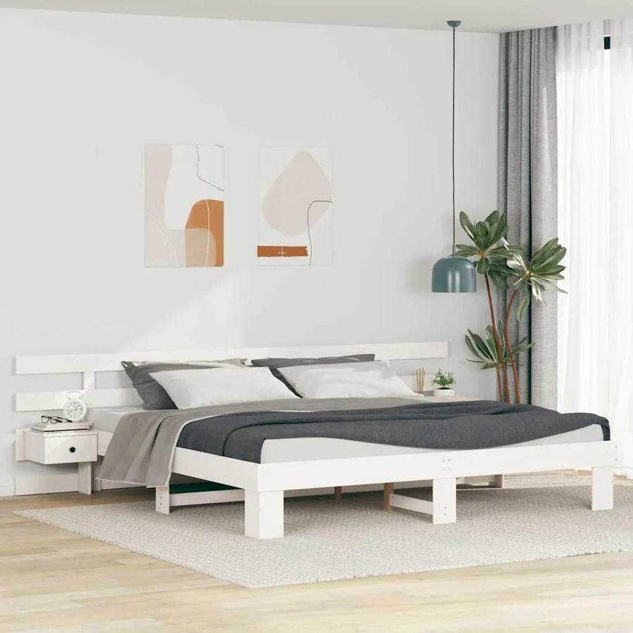 Cadre de lit avec tête de lit Blanc 200 x 200 cm Pin massif