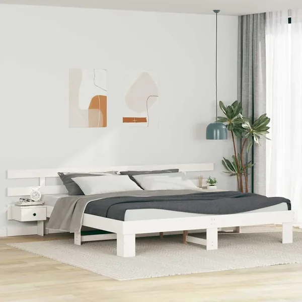 Cadre de lit avec tête de lit Blanc 200 x 200 cm Pin massif