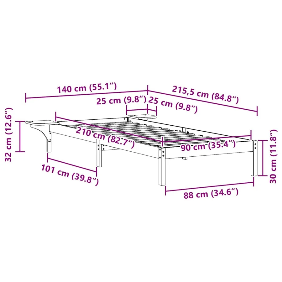 Cadre de lit avec tables de chevet Blanc 90 x 210 cm Pin massif - 11