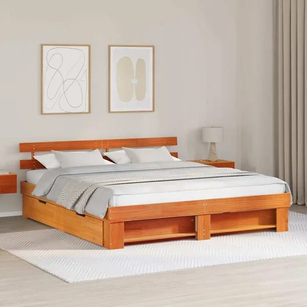 Cadre de lit avec tête de lit Brun cire 180 x 200 cm Pin massif