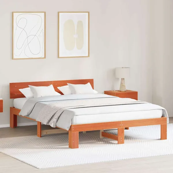 Cadre de lit avec tête de lit Brun cire 160 x 200 cm Pin massif