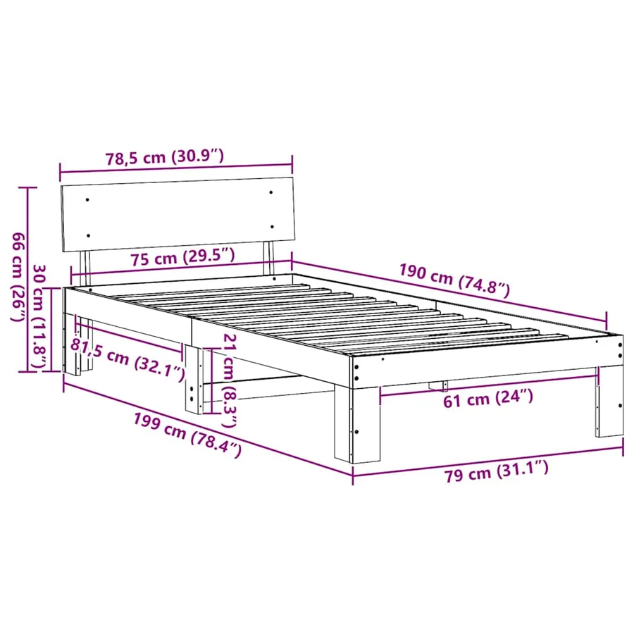Cadre de lit avec tête de lit Blanc 75 x 190 cm Pin massif - 10