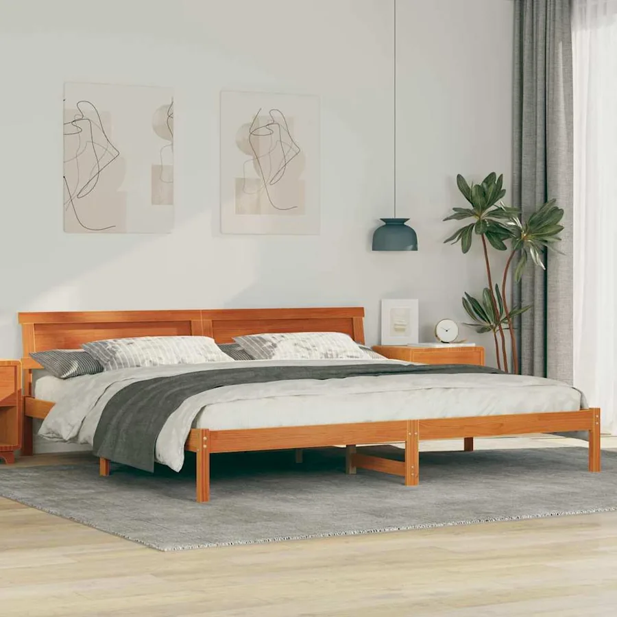 Cadre de lit avec tête de lit Brun cire 200 x 200 cm Pin massif