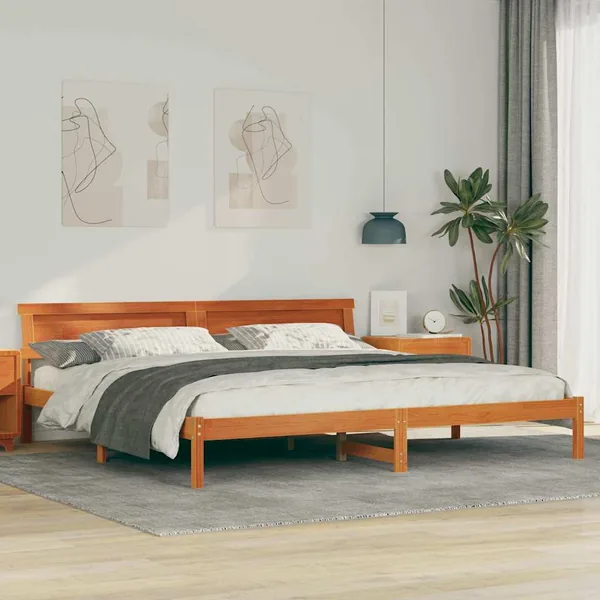 Cadre de lit avec tête de lit Brun cire 200 x 200 cm Pin massif