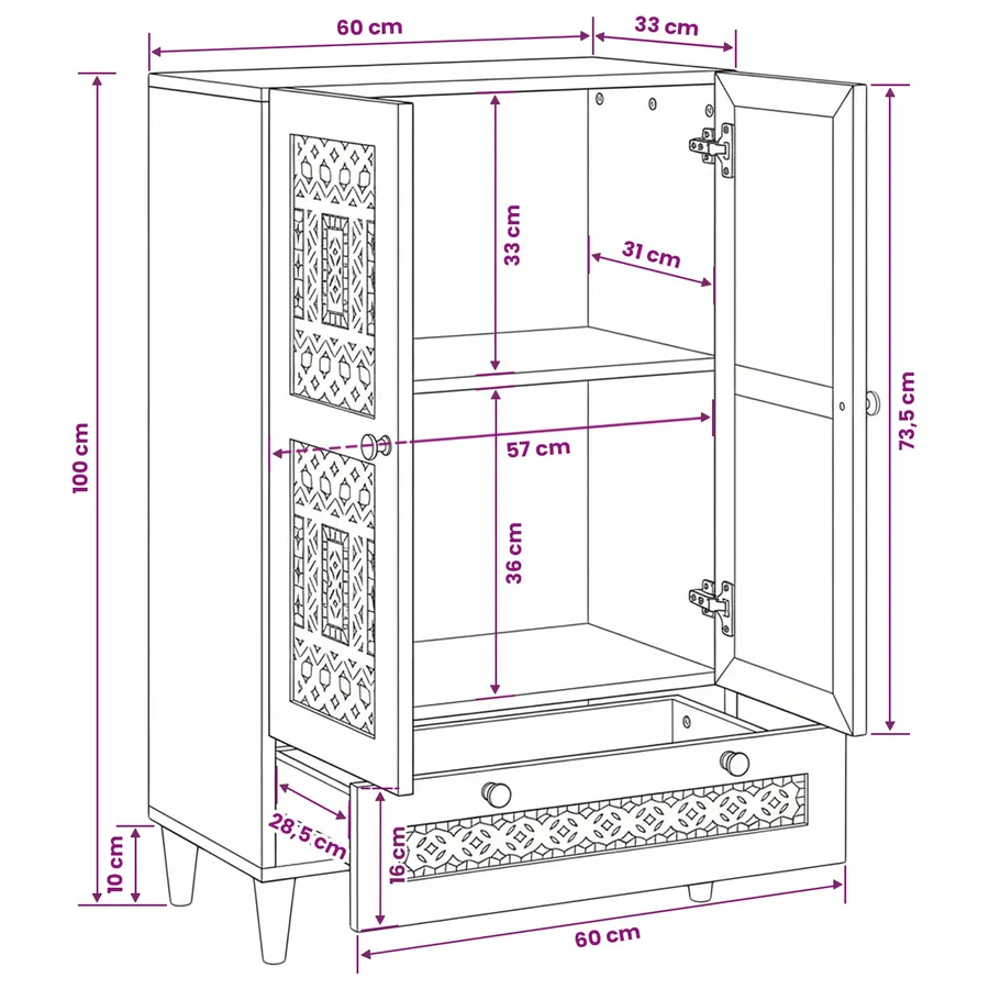Haut Armoire Blanc 60 x 33 x 100 cm bois de manguier massif - 11