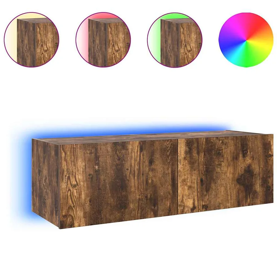 Meuble TV mural avec lumières LED chêne fumé 100x35x31 cm - 2