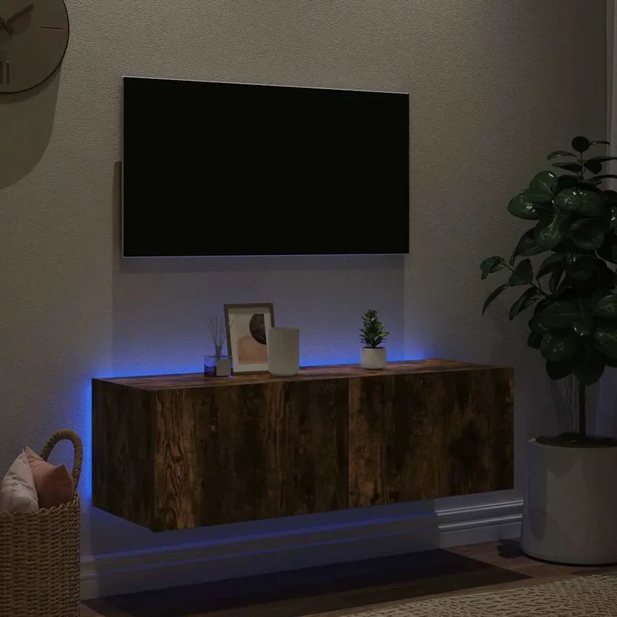 Meuble TV mural avec lumières LED chêne fumé 100x35x31 cm - 4