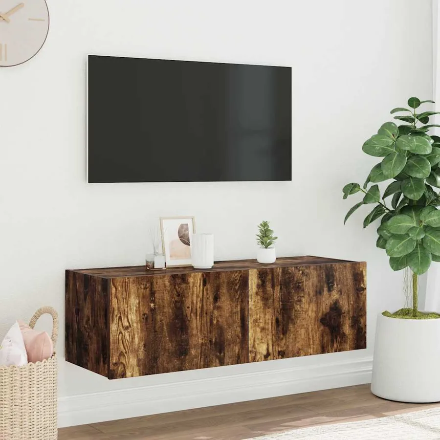 Meuble TV mural avec lumières LED chêne fumé 100x35x31 cm - 5