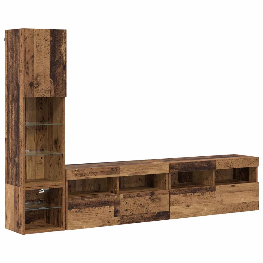 Unité murale de TV avec LED 4 pcs Bois ancien Bois d'ingénierie - 2