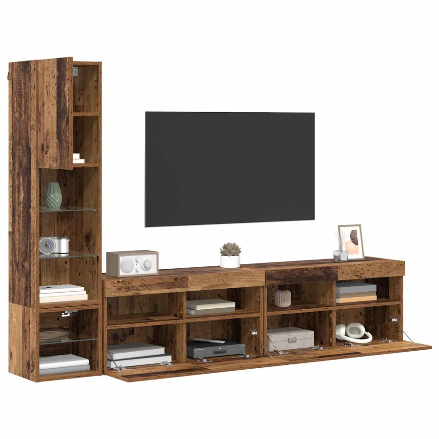 Unité murale de TV avec LED 4 pcs Bois ancien Bois d'ingénierie - 3