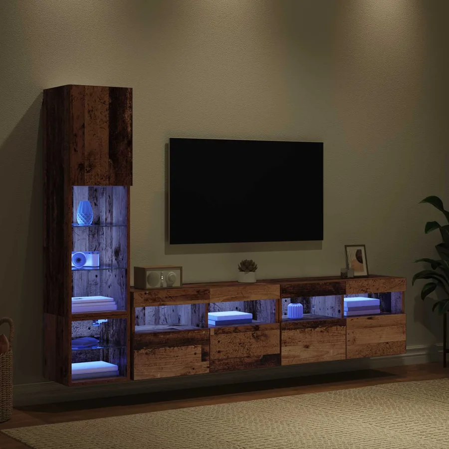 Unité murale de TV avec LED 4 pcs Bois ancien Bois d'ingénierie - 5