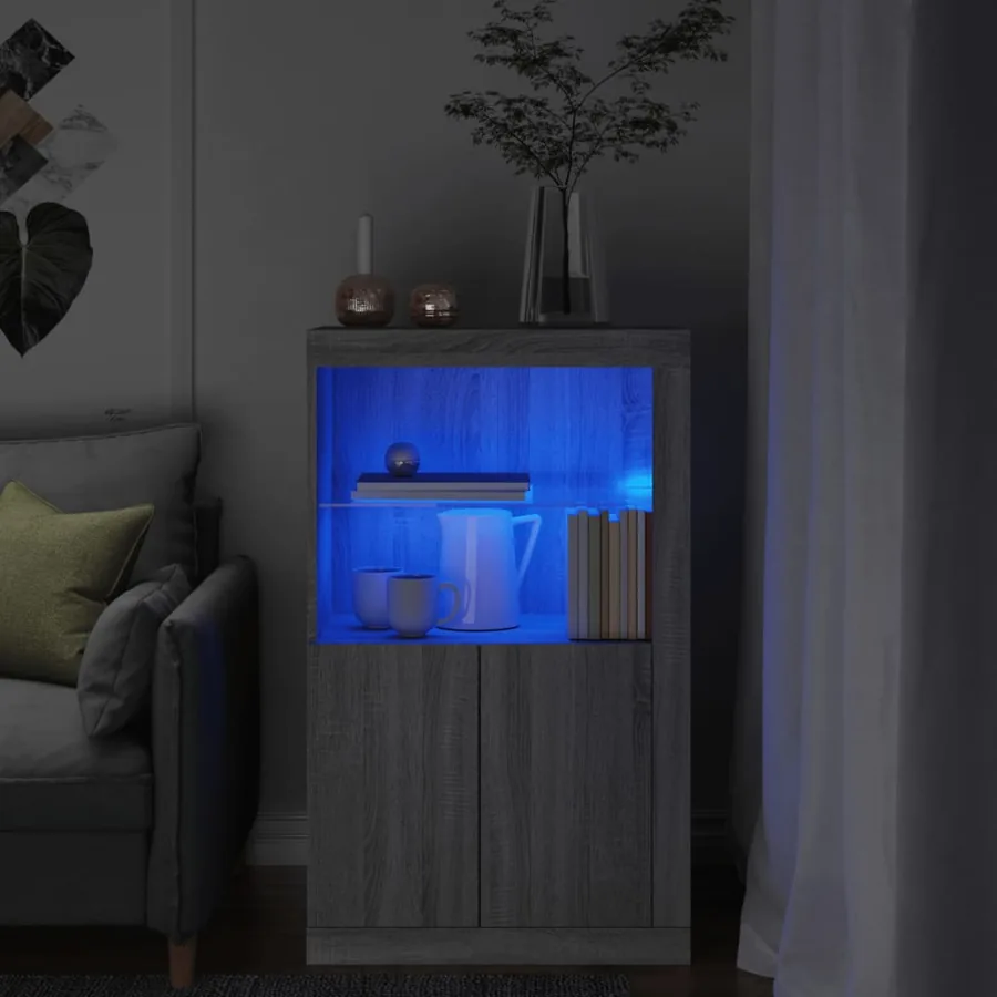 Armoire latérale et lumières LED sonoma gris bois d'ingénierie