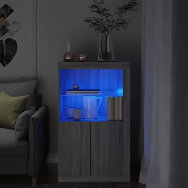 Armoire latérale et lumières LED sonoma gris bois d'ingénierie