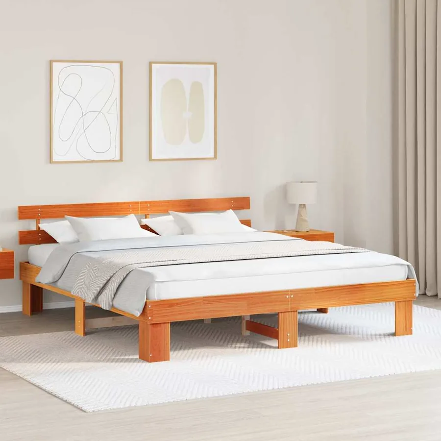 Cadre de lit avec tête de lit Brun cire 200 x 200 cm Pin massif