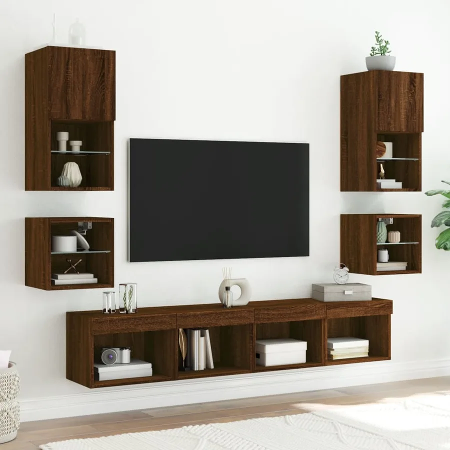 Meubles TV muraux lumières LED 2 pcs chêne marron 30x28,5x30 cm - 5