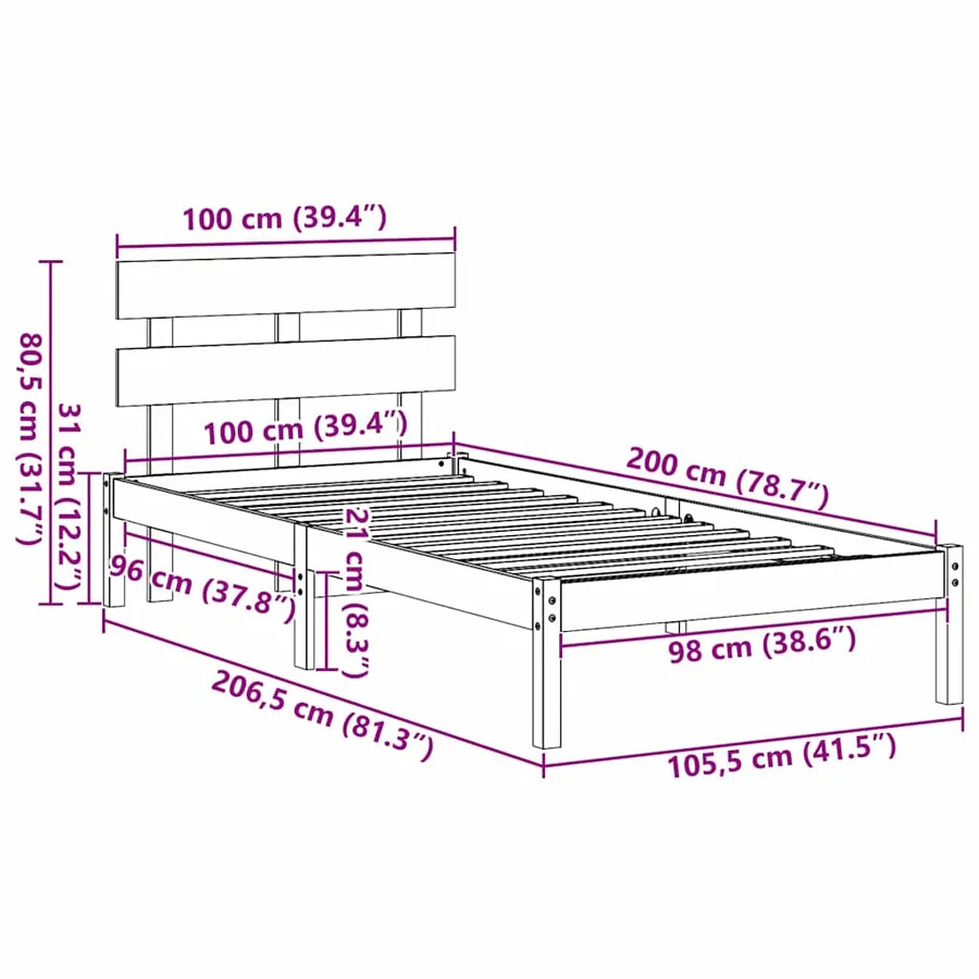 Cadre de lit Marron 100 x 200 cm Bois de pin massif - 8