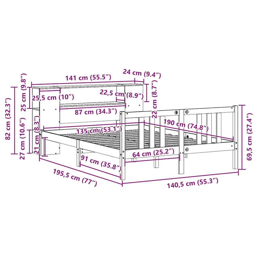 Lit bibliothèque sans matelas 135x190 cm bois de pin massif - 11