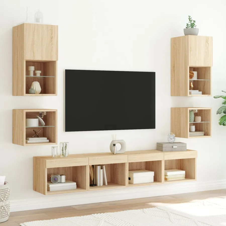 Meubles TV muraux lumières LED 2 pcs chêne sonoma 30x28,5x30 cm - 5