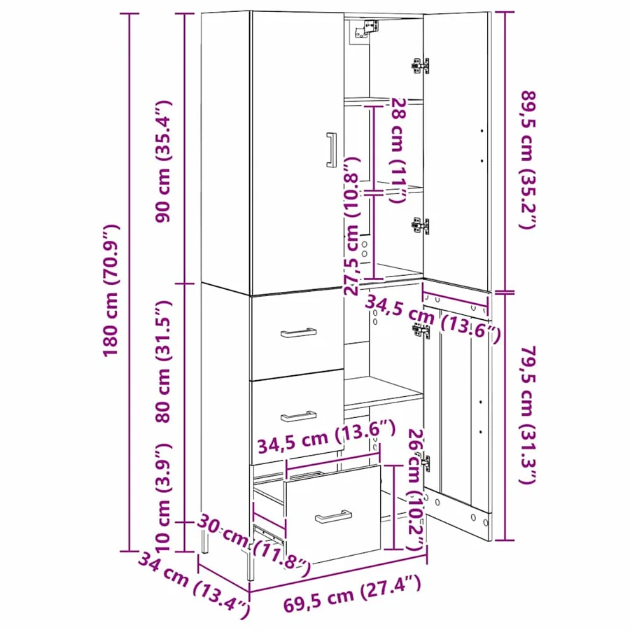 Haut Armoire Bois Ancien 69,5 x 34 x 180 cm Bois d'ingénierie - 15