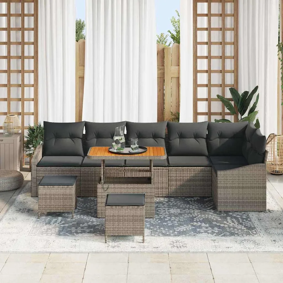 Ensemble de canapé de jardin avec coussin 9 pcs Gris Poly rotin - 3