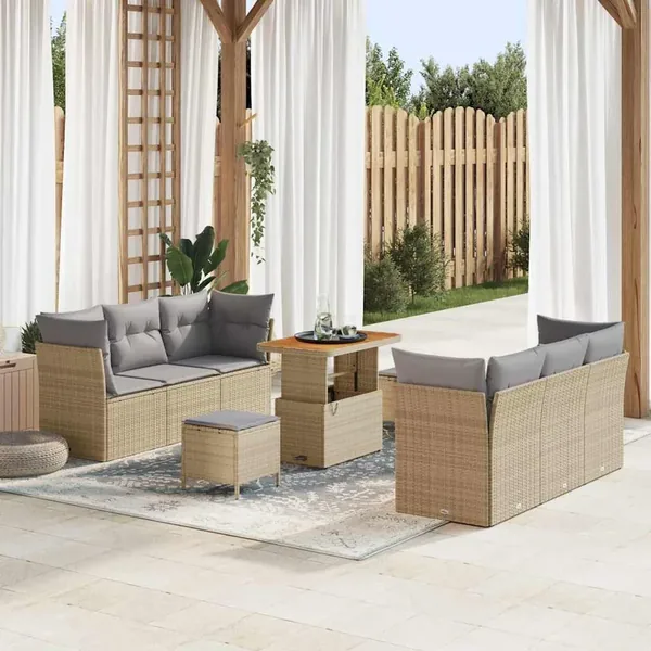 Ensemble de canapé de jardin avec coussin 9 pcs Beige polyrotin