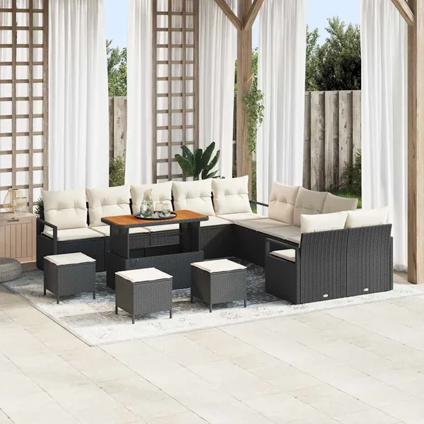 Ensemble de canapé de jardin avec coussin 14 pcs Noir polyrotin
