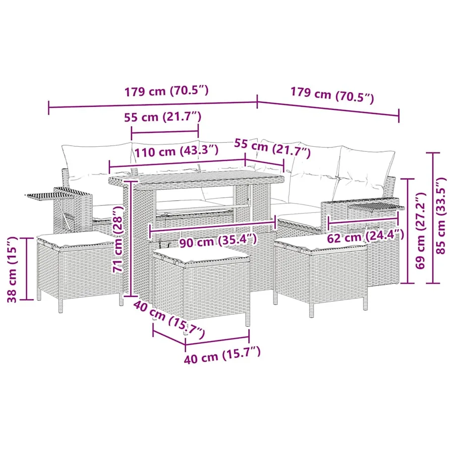 Ensemble de canapé de jardin avec coussin 9 pcs Noir polyrotin - 15