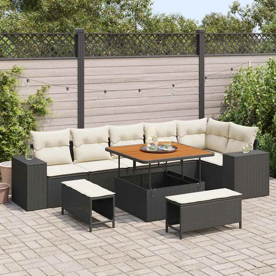 Ensemble de canapé de jardin avec coussin 9 pcs Noir polyrotin