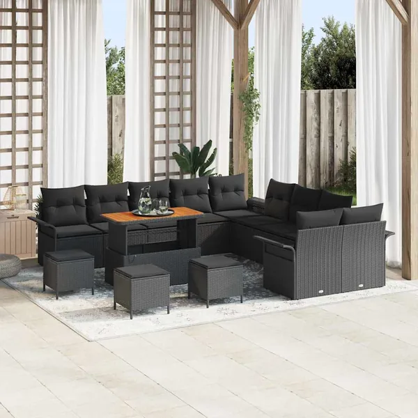 Ensemble de canapé de jardin avec coussin 14 pcs Noir polyrotin