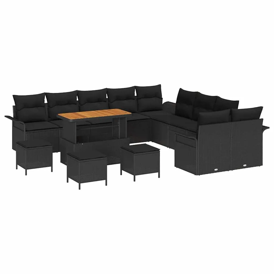 Ensemble de canapé de jardin avec coussin 14 pcs Noir polyrotin - 2