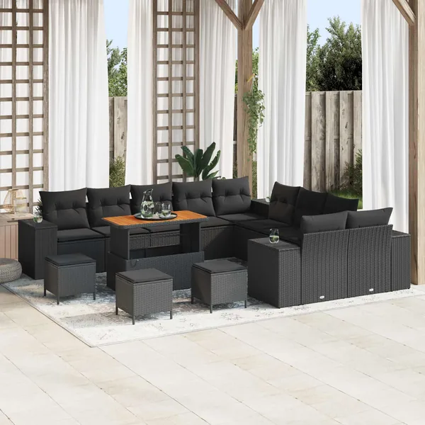 Ensemble de canapé de jardin avec coussin 14 pcs Noir polyrotin