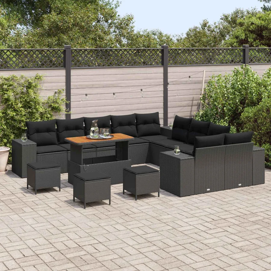 Ensemble de canapé de jardin avec coussin 14 pcs Noir polyrotin - 3