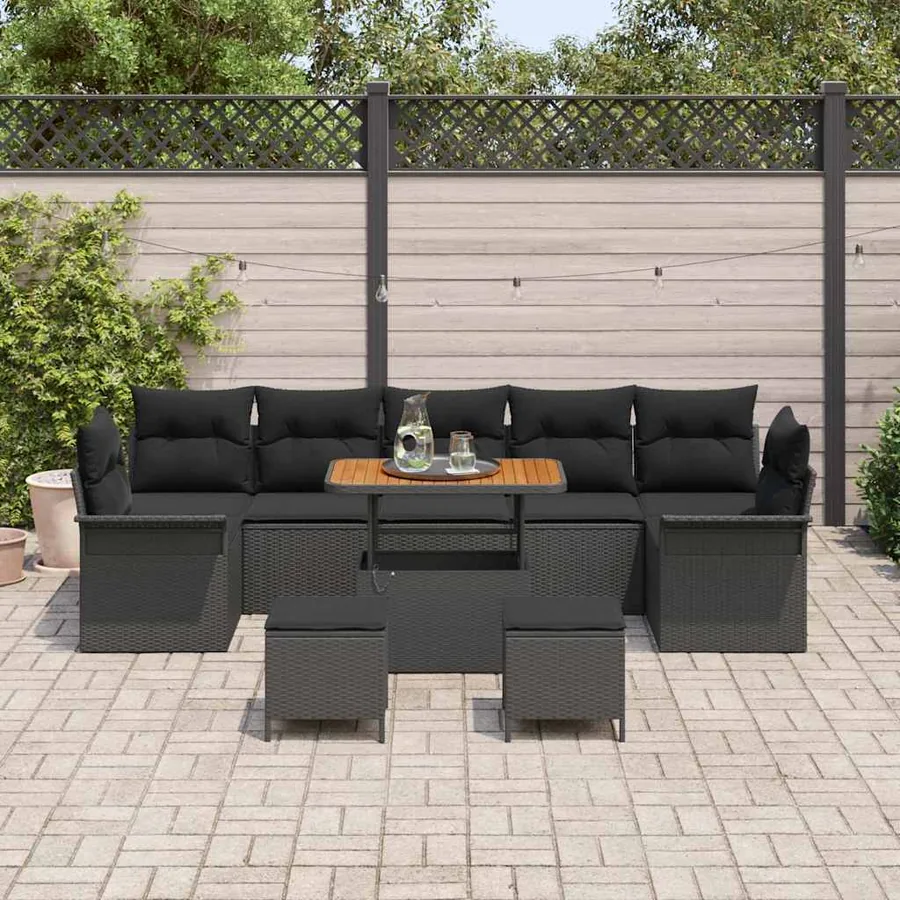 Ensemble de canapé de jardin avec coussin 10 pcs Noir polyrotin - 3