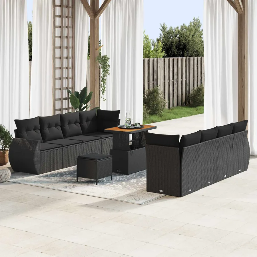 Ensemble de canapé de jardin avec coussin 11 pcs Noir polyrotin