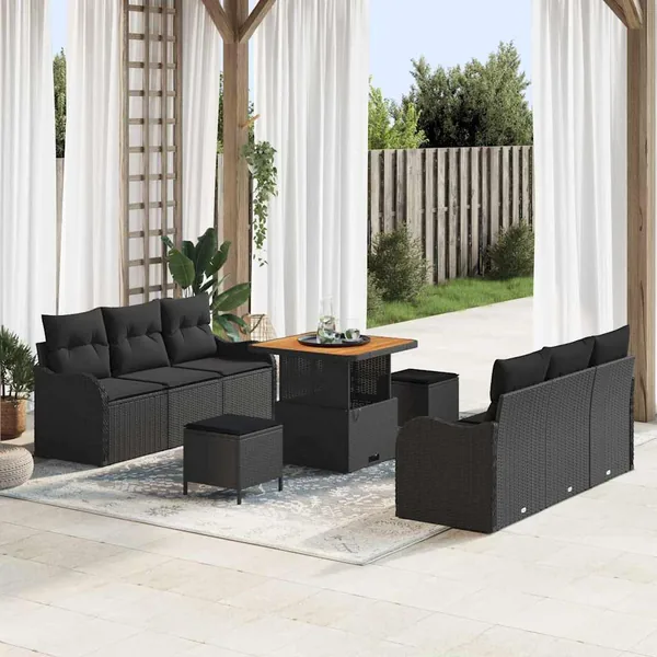 Ensemble de canapé de jardin avec coussin 9 pcs Noir polyrotin