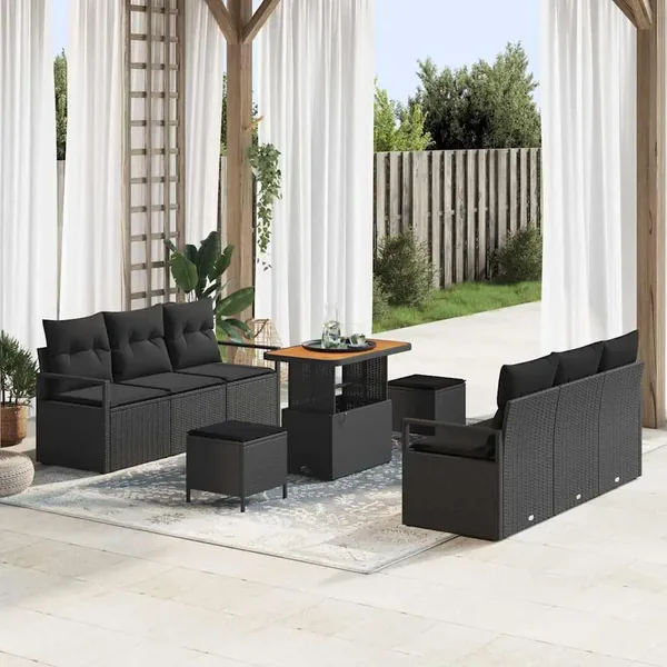 Ensemble de canapé de jardin 9 pcs Noir Poly rotin