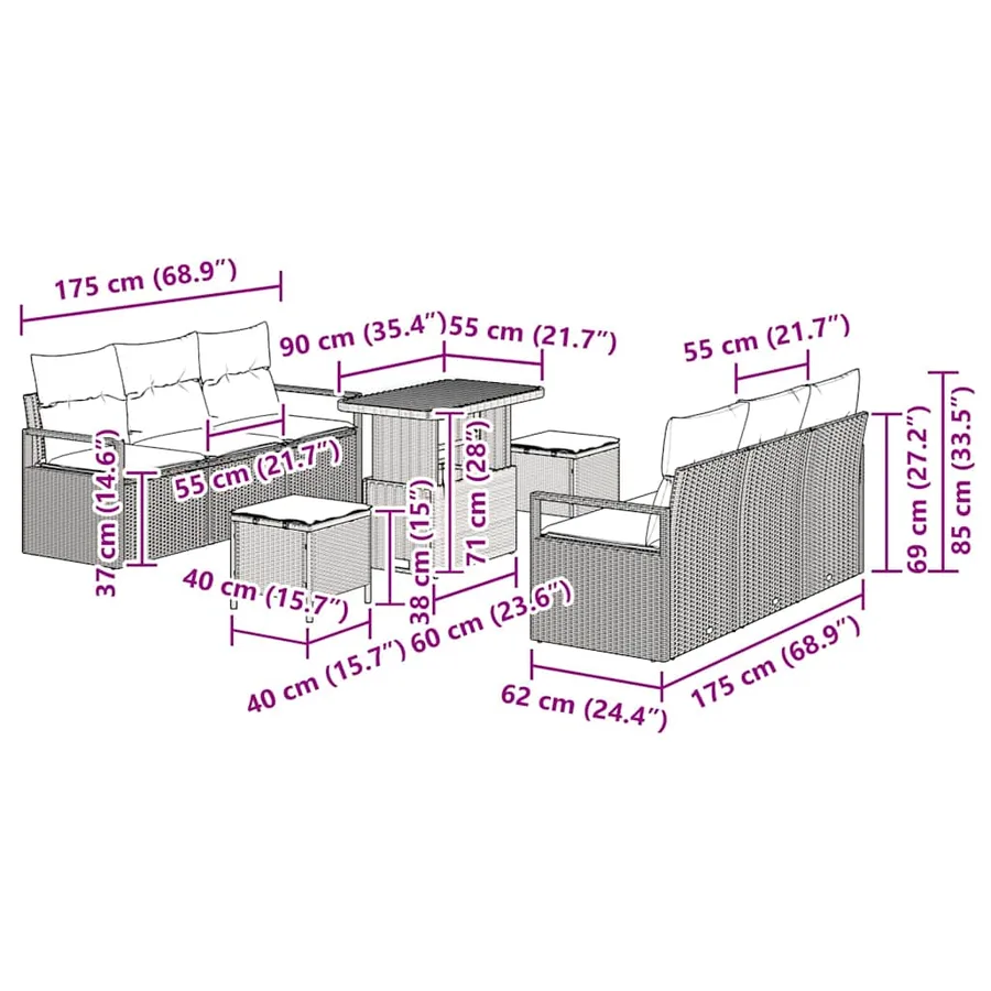 Ensemble de canapé de jardin 9 pcs Noir Poly rotin - 15