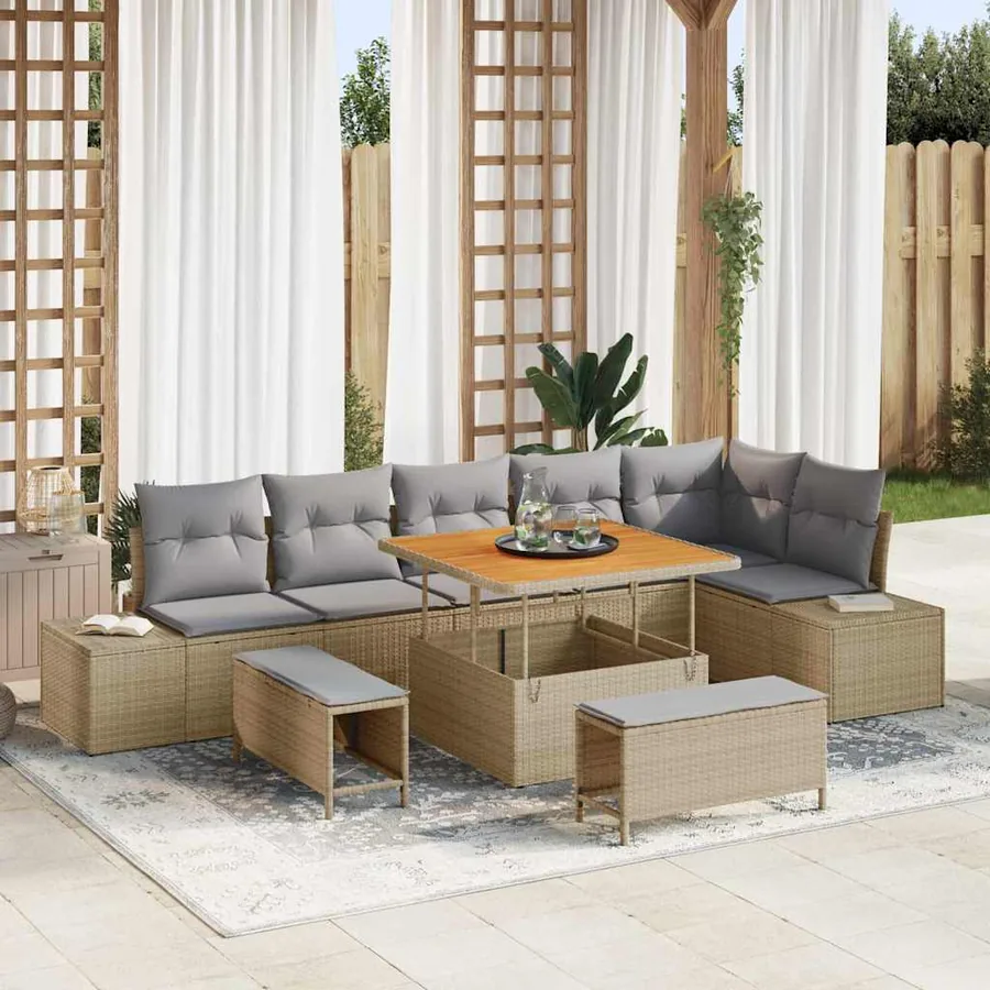 Ensemble de canapé de jardin 9 pcs Beige Poly rotin