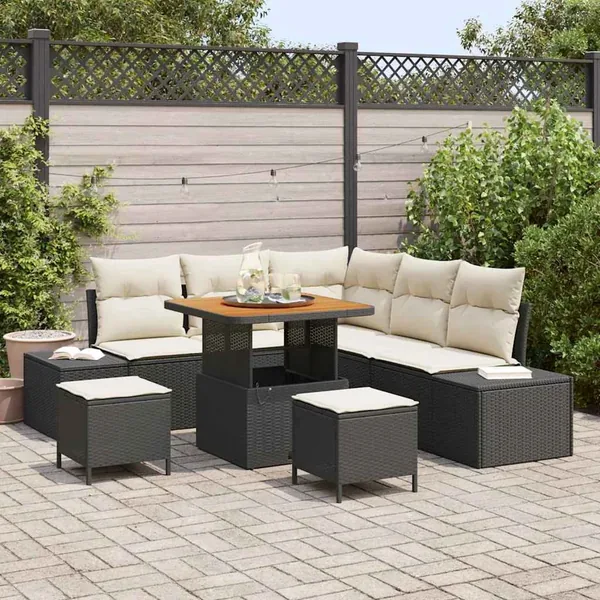 Ensemble de canapé de jardin avec coussin 8 pcs Noir Poly rotin