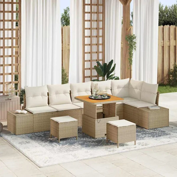 Ensemble de canapé de jardin avec coussin 9 pcs Beige polyrotin